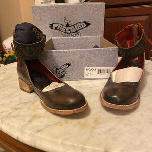Freebirds by Steven,  Brown and Black Mules with Unique Boot-Like Upper